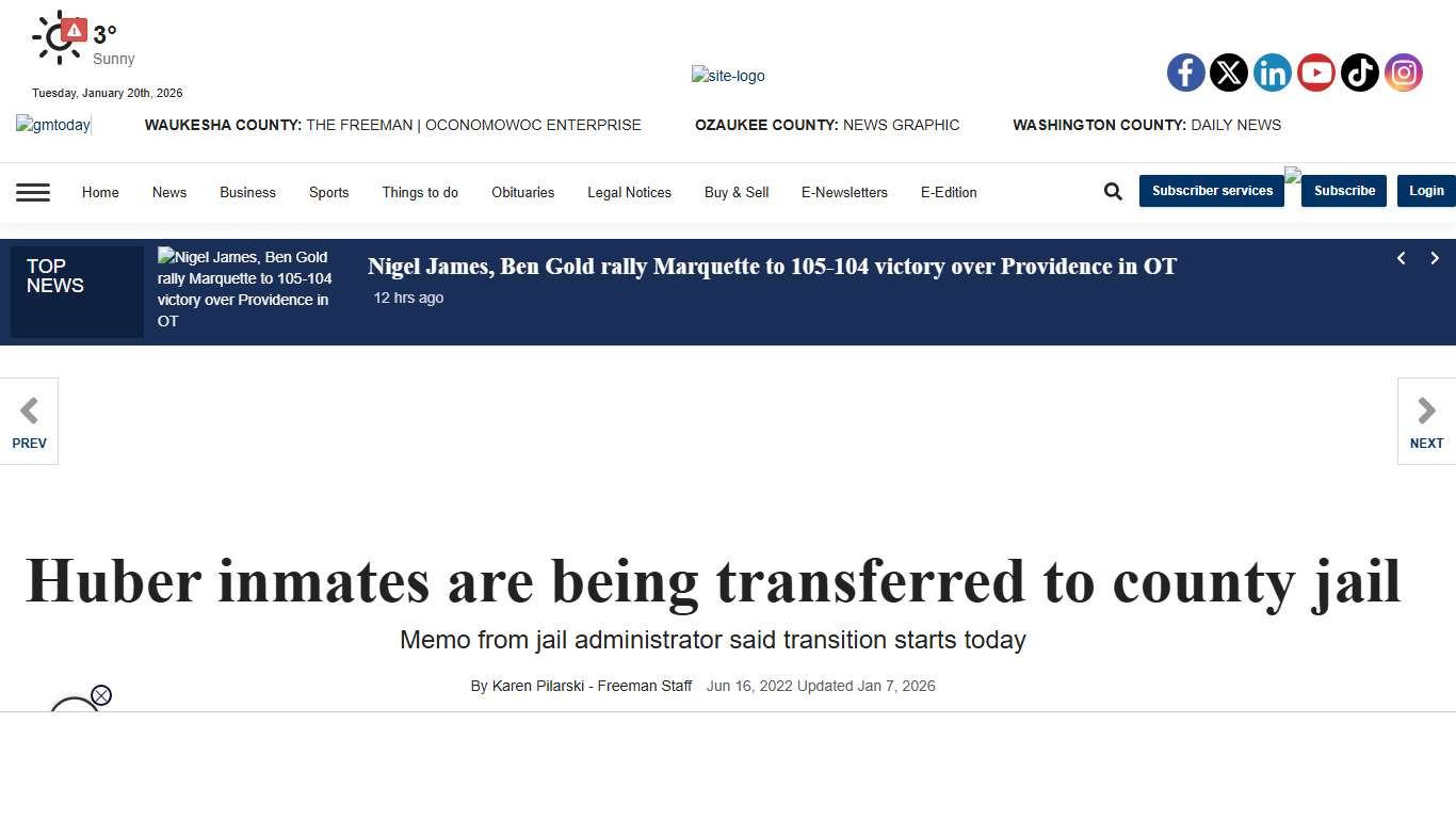 Huber inmates are being transferred to county jail | Waukesha Co. News | gmtoday.com